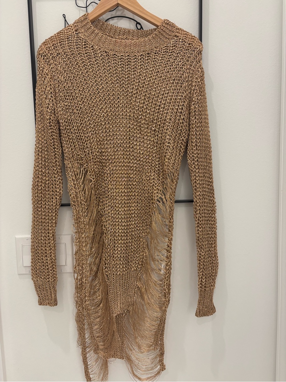 Frayed Knit Tunic Sweater - Tan